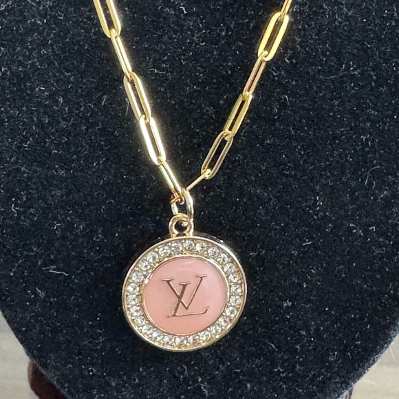Louis Vuitton Pink/Rhinestone Pendant 18” Stainless Steel Gold Plated Necklace - Picture 1 of 9